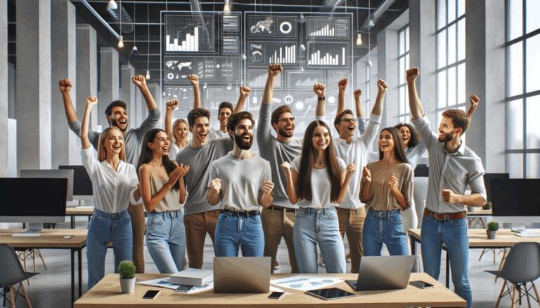 Jóvenes emprendedores celebrando en un moderno centro de innovación, rodeados de pantallas y laptops.