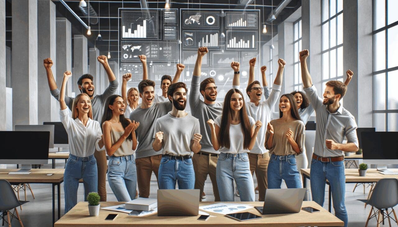Jóvenes emprendedores celebrando en un moderno centro de innovación, rodeados de pantallas y laptops.