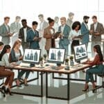 Sala de trabajo llena de jóvenes emprendedores revisando prototipos tecnológicos sobre mesas compartidas.