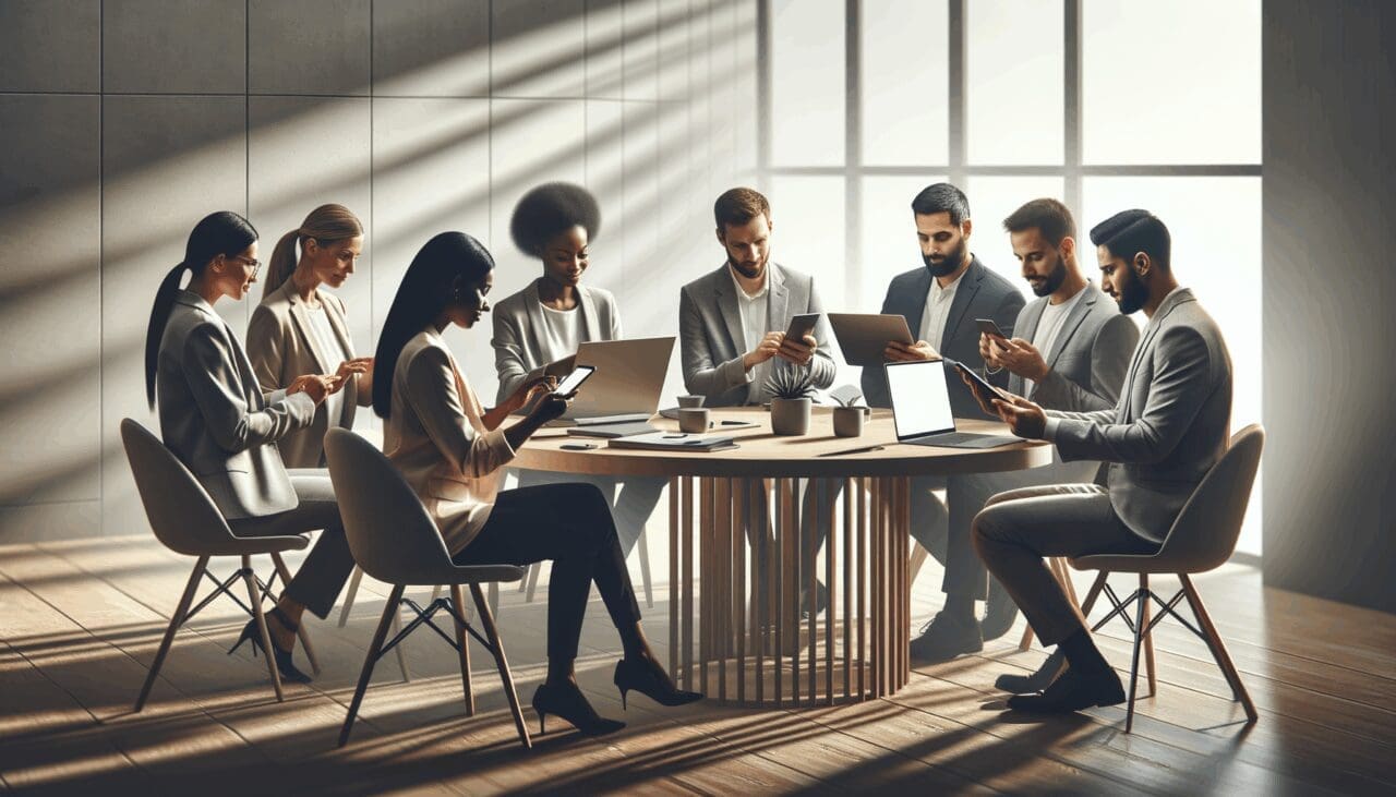 Personas interactuando en una oficina moderna con dispositivos móviles y laptops sobre una mesa redonda.