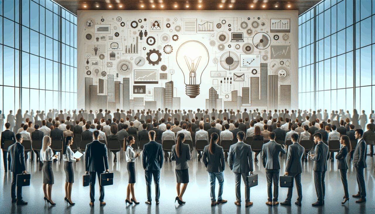 Multitud de emprendedores interactuando en un moderno evento de tecnología e innovación.