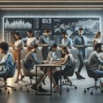 Grupo de jóvenes profesionales colaborando en un moderno espacio de coworking con pantallas digitales mostrando gráficos de criptomonedas.