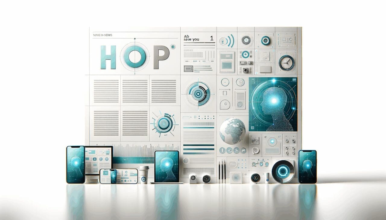 Fondo blanco con dispositivos Apple y gráficos digitales en tonos azul y verde, concepto de inteligencia artificial.