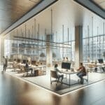 Espacio de coworking moderno en una ciudad europea con jóvenes emprendedores colaborando en tecnología.