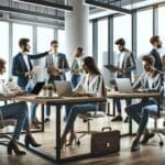 Oficinas modernas con jóvenes emprendedores trabajando en laptops en un entorno colaborativo.