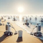 Playa extensa con robots autónomos realizando labores de limpieza sobre la arena, ambiente soleado y moderno.