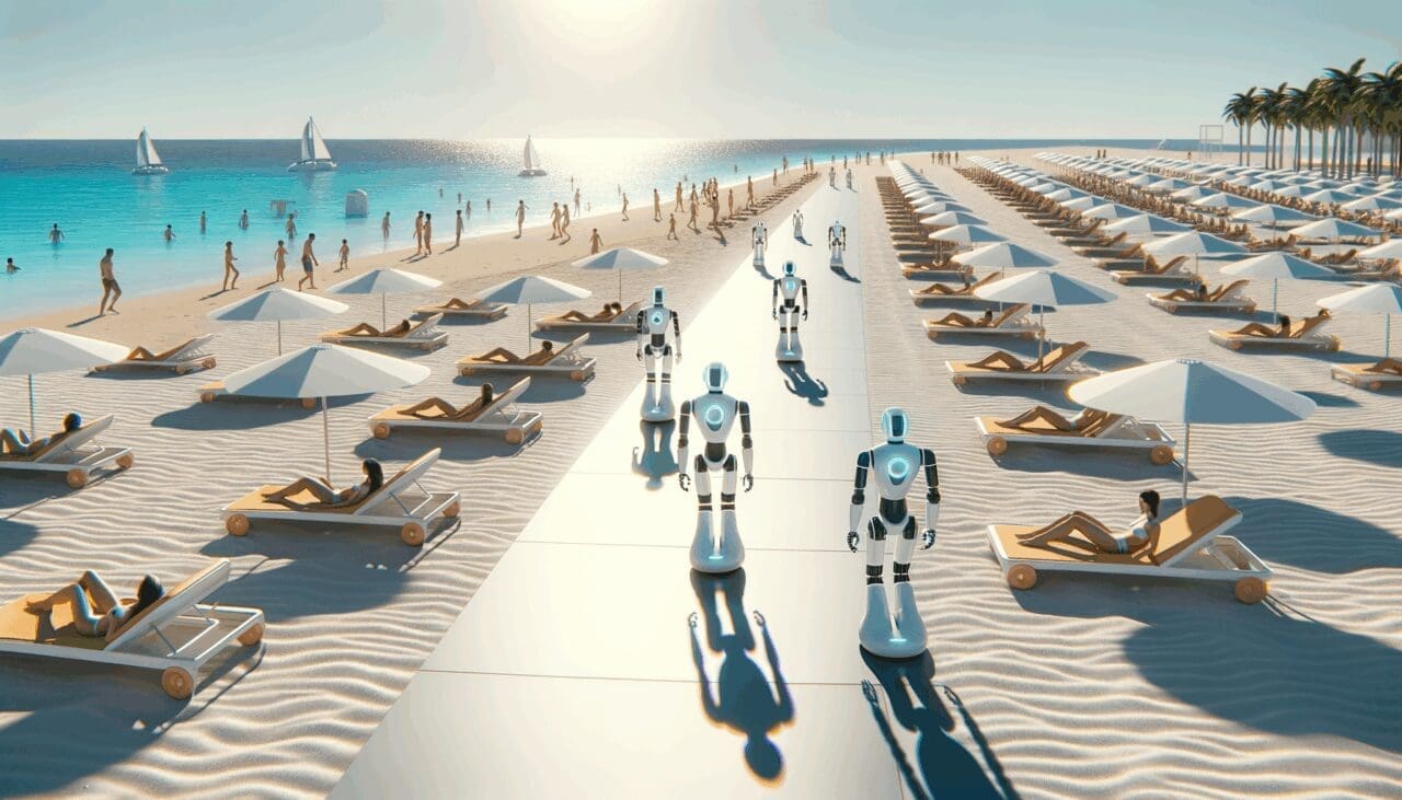 Playa amplia con robots autónomos desplazándose entre bañistas, ambiente moderno y soleado.