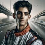 Retrato de un joven piloto de carreras estratégicamente posicionado con autopistas de fondo.
