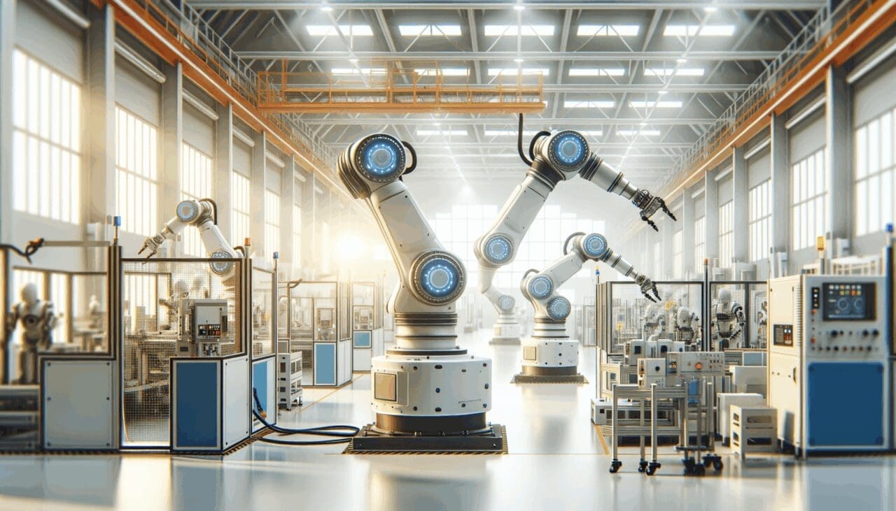 Robots industriales colaborativos en un entorno de manufactura moderno y luminoso.