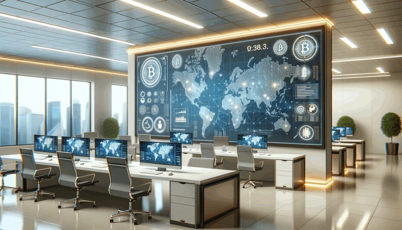 Render 3D de una oficina moderna con pantallas digitales mostrando gráficos de criptomonedas y conexiones globales.