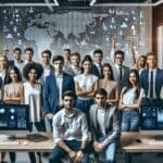 Grupo diverso de jóvenes emprendedores reunidos colaborando en un espacio moderno con computadoras y pantallas mostrando gráficos de inteligencia artificial.