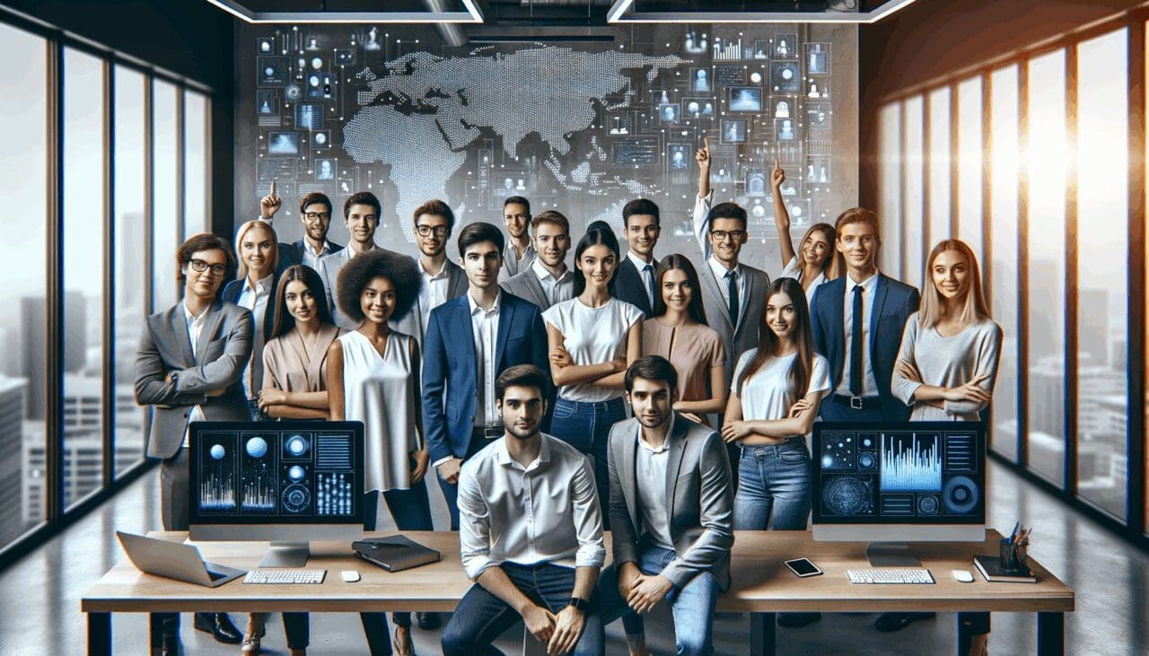 Grupo diverso de jóvenes emprendedores reunidos colaborando en un espacio moderno con computadoras y pantallas mostrando gráficos de inteligencia artificial.