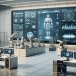 Primer plano de un laboratorio moderno de robótica con robots y pantallas mostrando datos.