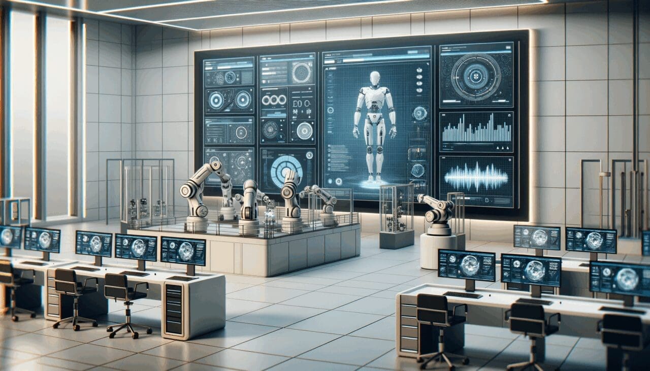 Primer plano de un laboratorio moderno de robótica con robots y pantallas mostrando datos.