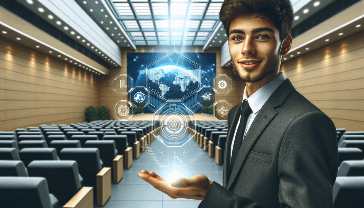Empresario joven presentando tecnología innovadora en un auditorio moderno