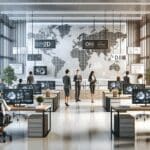 Oficina moderna de startup tecnológica con paneles digitales y colaboradores trabajando juntos