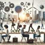 Personas trabajando en un espacio moderno, con paneles solares y turbinas eólicas al fondo, representando innovación en energías limpias.