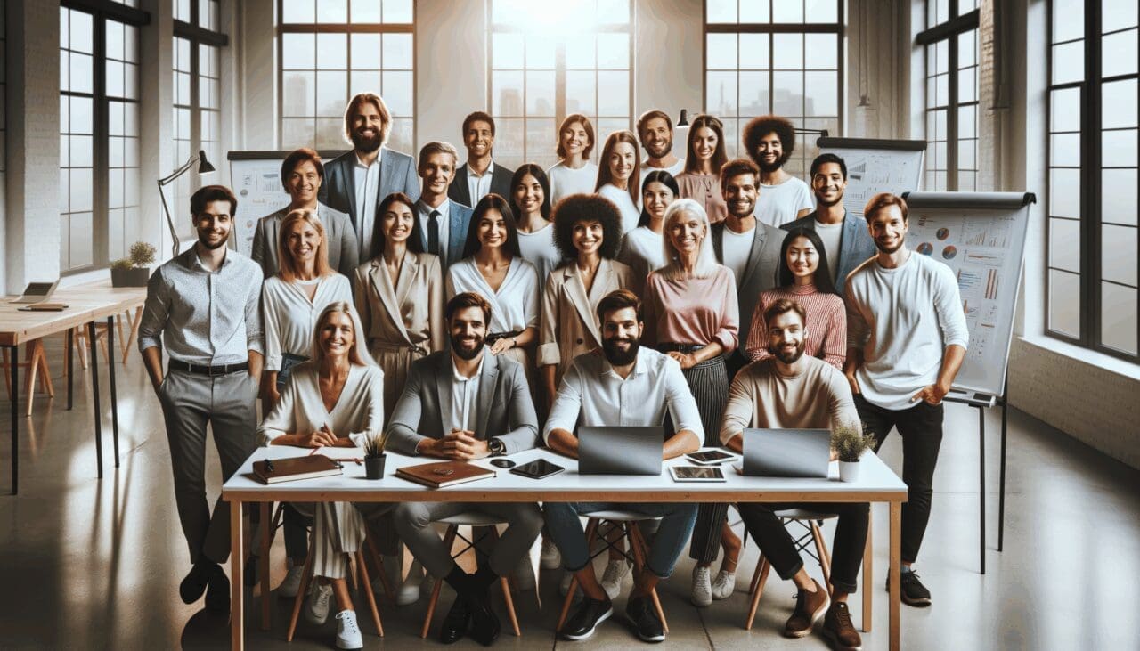 Equipo diverso de emprendedores reunidos en una sala de coworking luminosa con laptops y pizarras al fondo.