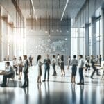 Espacio moderno con emprendedores colaborando frente a pantallas digitales en un entorno luminoso.