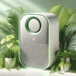 Primer plano de un innovador purificador de aire de diseño moderno con detalles verdes, rodeado de plantas naturales en un ambiente luminoso.