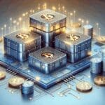 Ilustración estilizada de paneles de litio y monedas digitales en un entorno tecnológico.