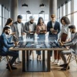 Empresarios jóvenes reunidos en una oficina moderna, colaborando alrededor de una mesa digital con gráficos y tablets.