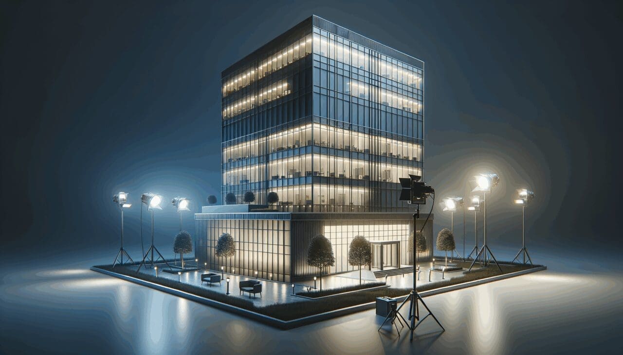 Edificio moderno con luces encendidas durante la noche, simbolizando la actividad constante del mundo startup.