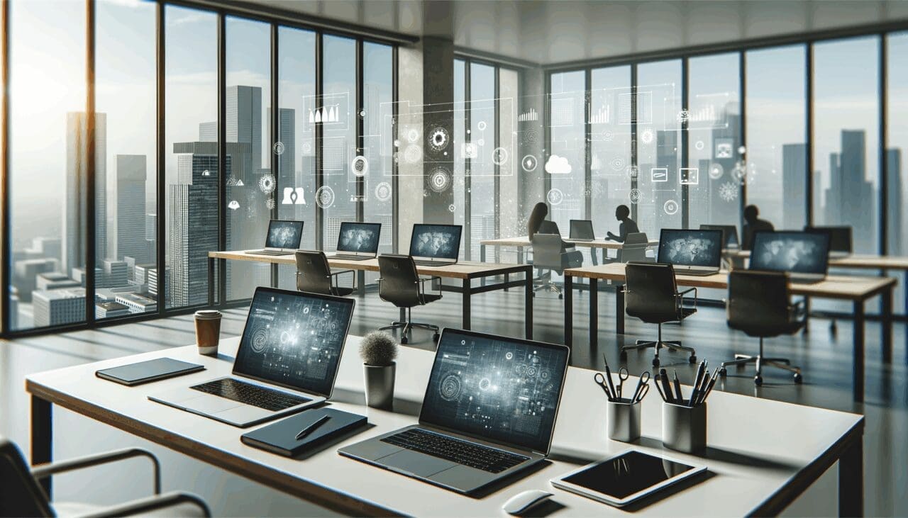 Oficina moderna de una startup con laptops y tablets en uso