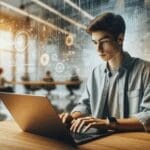 Joven usando una laptop en una oficina moderna, fondo desenfocado con gráficos tecnológicos y ambiente corporativo.
