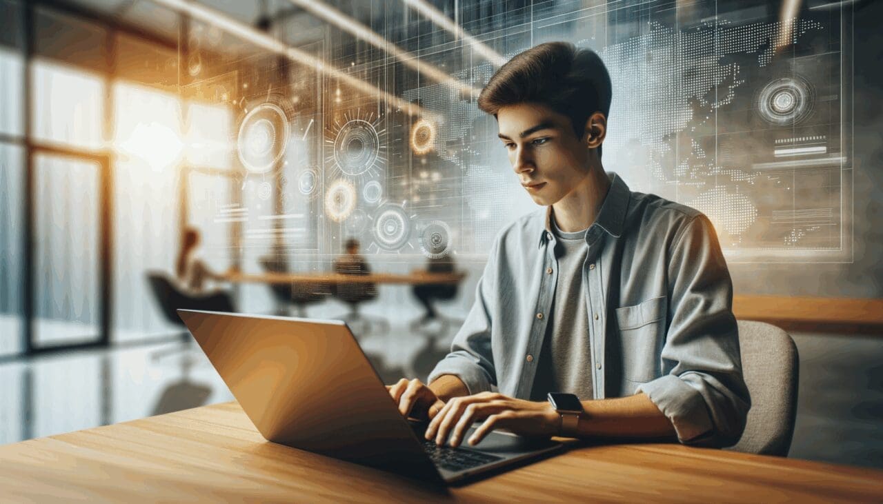Joven usando una laptop en una oficina moderna, fondo desenfocado con gráficos tecnológicos y ambiente corporativo.