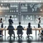 Equipo de profesionales en un espacio de trabajo moderno con pantallas mostrando datos y tecnología industrial.