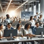 Equipo multicultural en una moderna oficina colaborando frente a pantallas, con ambiente corporativo y tecnológico.