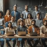 Grupo de jóvenes emprendedores reunidos en un espacio de coworking moderno con laptops y pizarras al fondo.