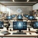 Oficina moderna con equipo tecnológico analizando datos en computadoras portátiles, fondo blanco y elementos de IA en pantalla.