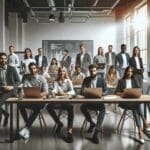 Grupo de emprendedores reunidos en un espacio de coworking moderno con laptops y pizarras inteligentes.