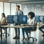 Ilustración de un equipo multicultural usando ordenadores con pantallas que muestran algoritmos de inteligencia artificial en un entorno de oficina moderno.