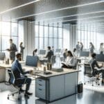 Oficinas modernas de tecnología con empleados trabajando en escritorios compartidos