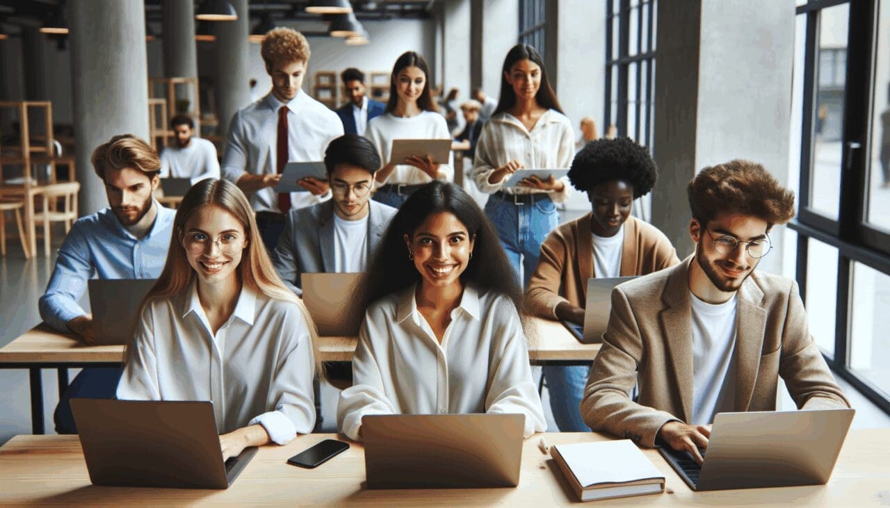 Un grupo diverso de jóvenes emprendedores usando portátiles en un moderno espacio de coworking.