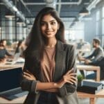 Emprendedora joven en un espacio de coworking moderno, con portátiles y ambiente colaborativo.