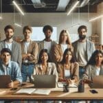 Equipo de jóvenes emprendedores trabajando en un espacio de coworking moderno con laptops y pizarras digitales.
