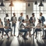 Innovadores reunidos en un espacio de coworking moderno discutiendo ideas.