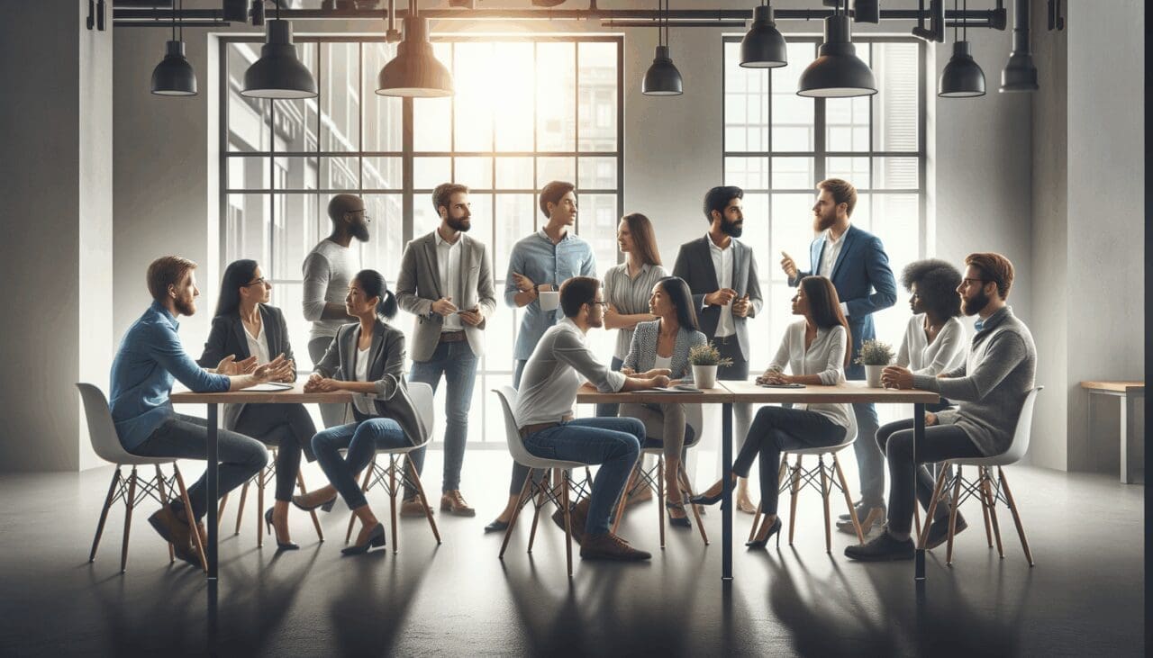 Innovadores reunidos en un espacio de coworking moderno discutiendo ideas.