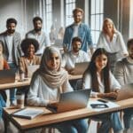 Grupo diverso de emprendedores reunidos en un espacio coworking moderno y luminoso, laptops y pantallas en uso.