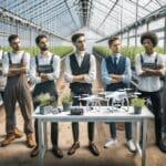 Jóvenes emprendedores observando drones y tecnología agrícola en un moderno invernadero iluminado.