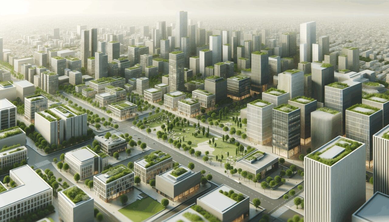 Vista aérea de una ciudad moderna con espacios verdes y edificios sostenibles