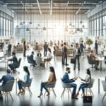 Oficinas modernas con emprendedores conversando y tecnología en el entorno, ambiente de colaboración e innovación.