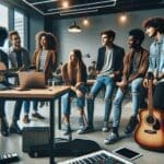 Jóvenes emprendedores colaborando en un espacio de coworking moderno, rodeados de instrumentos musicales y tecnología.