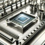 Primer plano de una línea de producción de microchips en una moderna fábrica tecnológica.