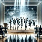 Emprendedores celebrando en un auditorio moderno, con fondo tecnológico y ambiente de innovación.