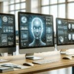 Pantallas de computadoras mostrando interfaces de inteligencia artificial en un ambiente de oficina moderna.
